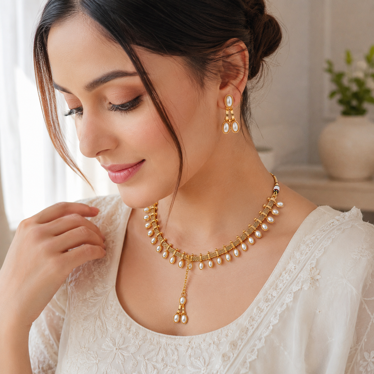 Indian Pearl Necklace Set, Pakistani Wedding Jewellery, Gold Pearl Necklace, Bridal Jewellery Set