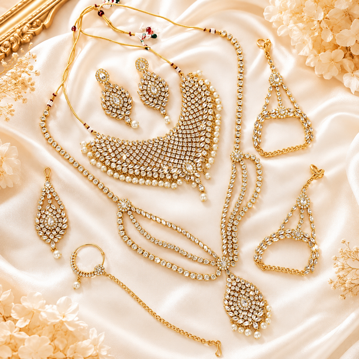 Luxury Gold Look Bridal Jewellery Set with Choker Necklace, Earrings, Nath, Hathphool & Armlets – Kundan Crystal & Pearl Design Main image