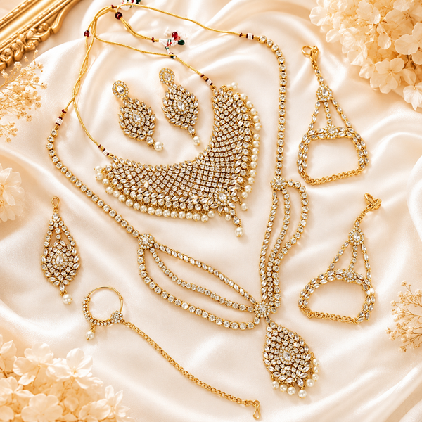 Luxury Gold Look Bridal Jewellery Set with Choker Necklace, Earrings, Nath, Hathphool & Armlets – Kundan Crystal & Pearl Design