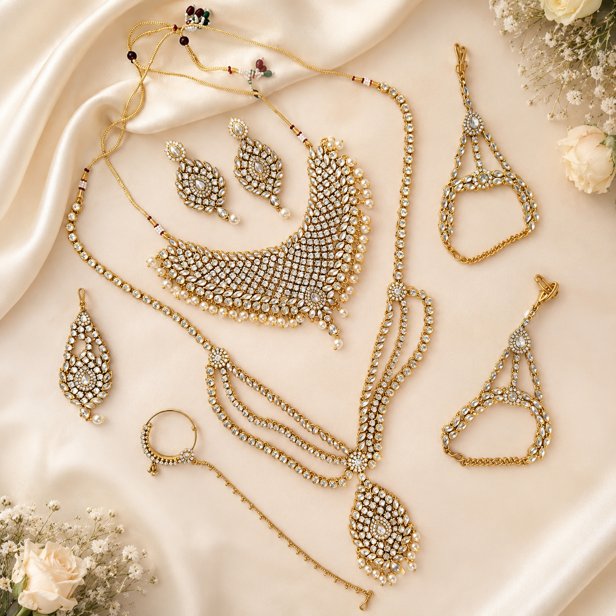 Luxury Gold Look Bridal Jewellery Set with Choker Necklace, Earrings, Nath, Hathphool & Armlets – Kundan Crystal & Pearl Design