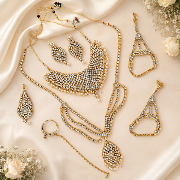 Luxury Gold Look Bridal Jewellery Set with Choker Necklace, Earrings, Nath, Hathphool & Armlets – Kundan Crystal & Pearl Design