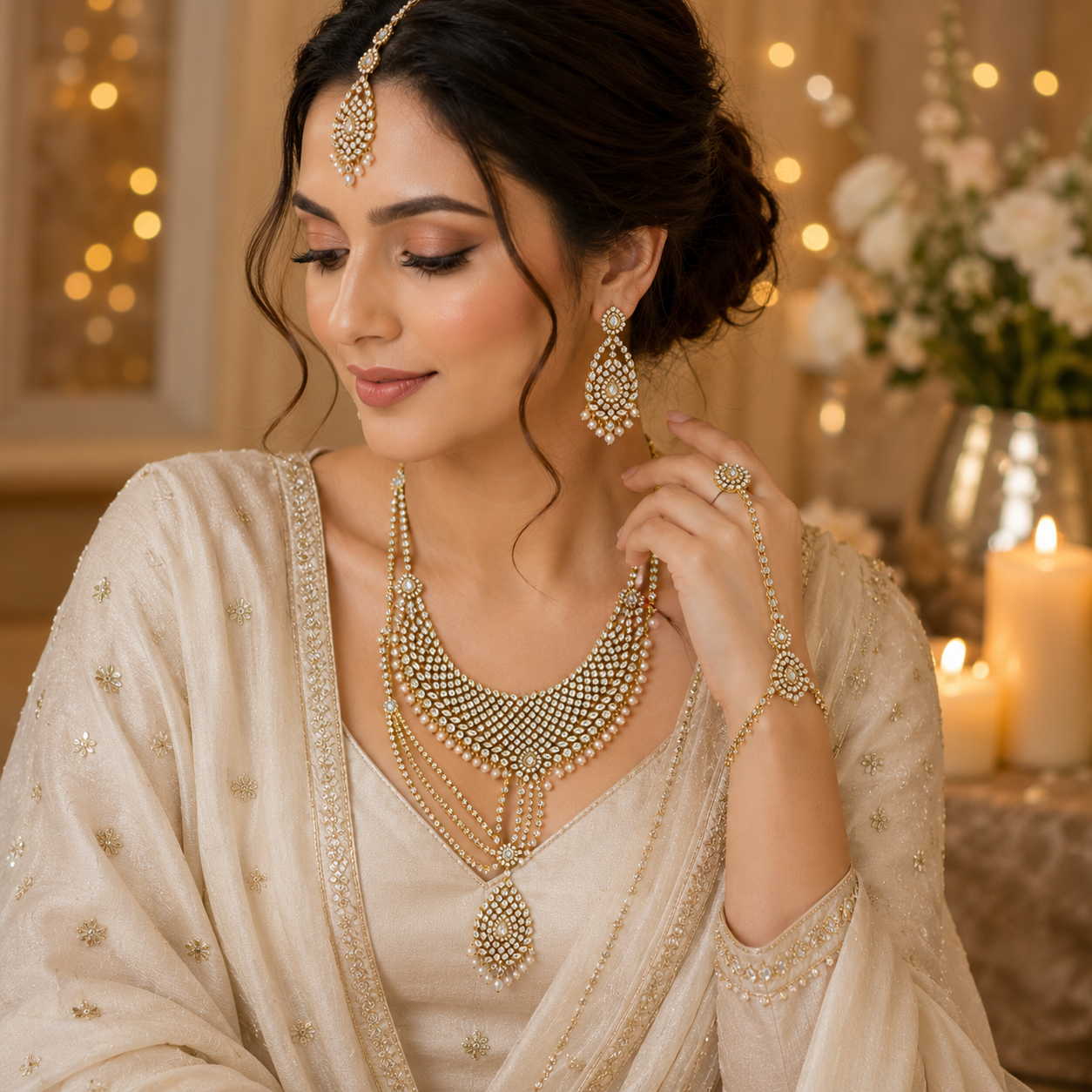 Luxury Gold Look Bridal Jewellery Set with Choker Necklace, Earrings, Nath, Hathphool & Armlets – Kundan Crystal & Pearl Design
