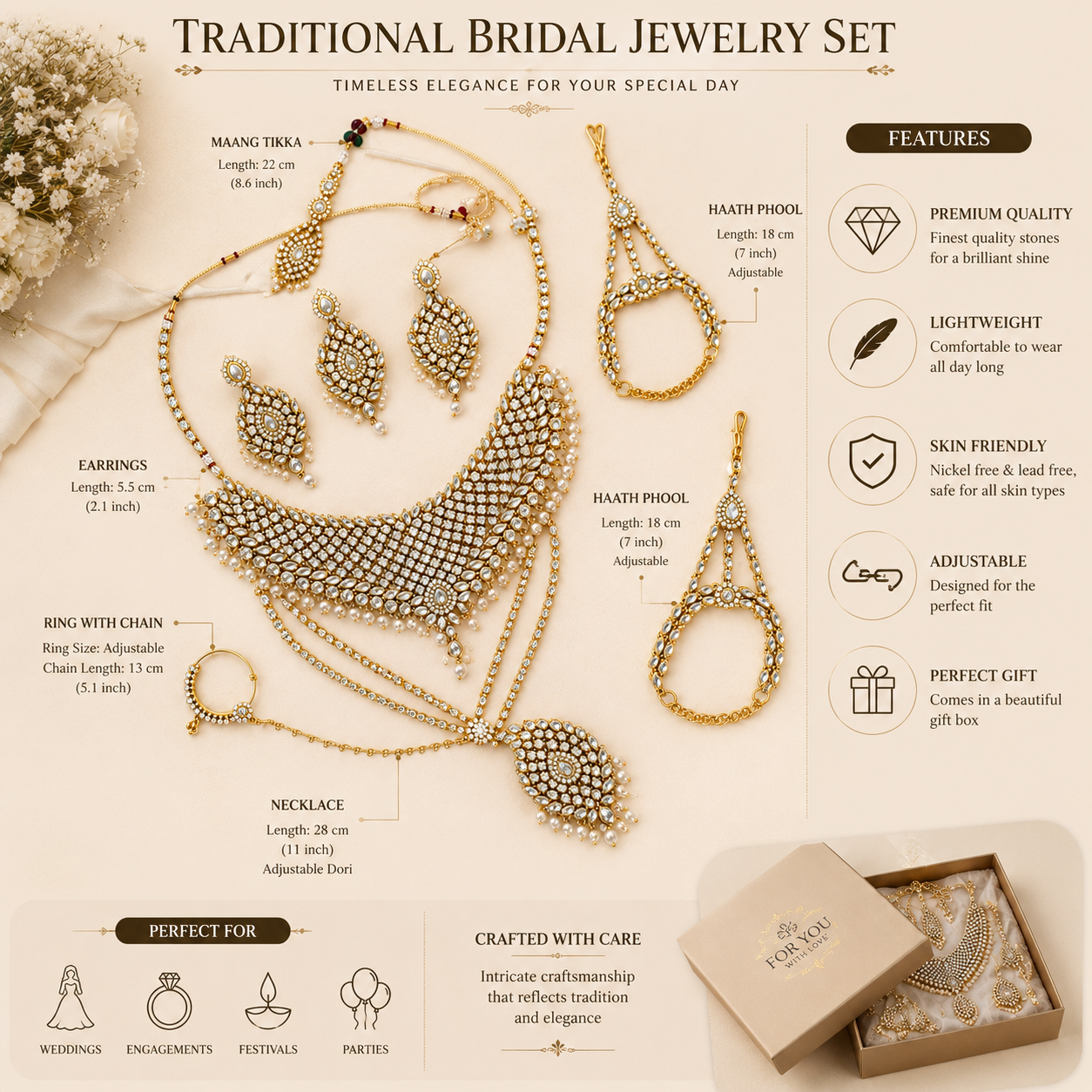 Luxury Gold Look Bridal Jewellery Set with Choker Necklace, Earrings, Nath, Hathphool & Armlets – Kundan Crystal & Pearl Design Secondary image