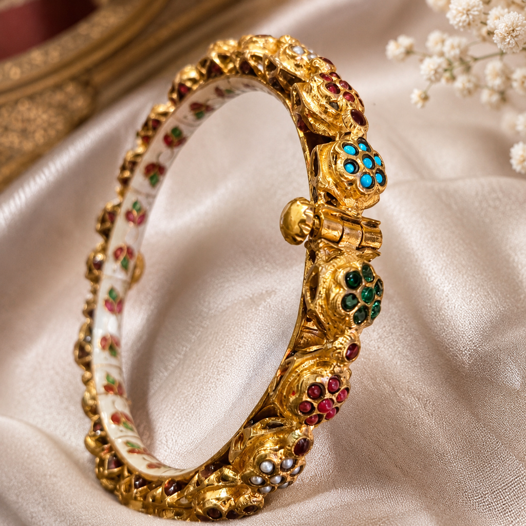Luxury Gold-Plated Multicolour Traditional Kada Bangle – Handcrafted Ethnic Statement Bracelet for Women