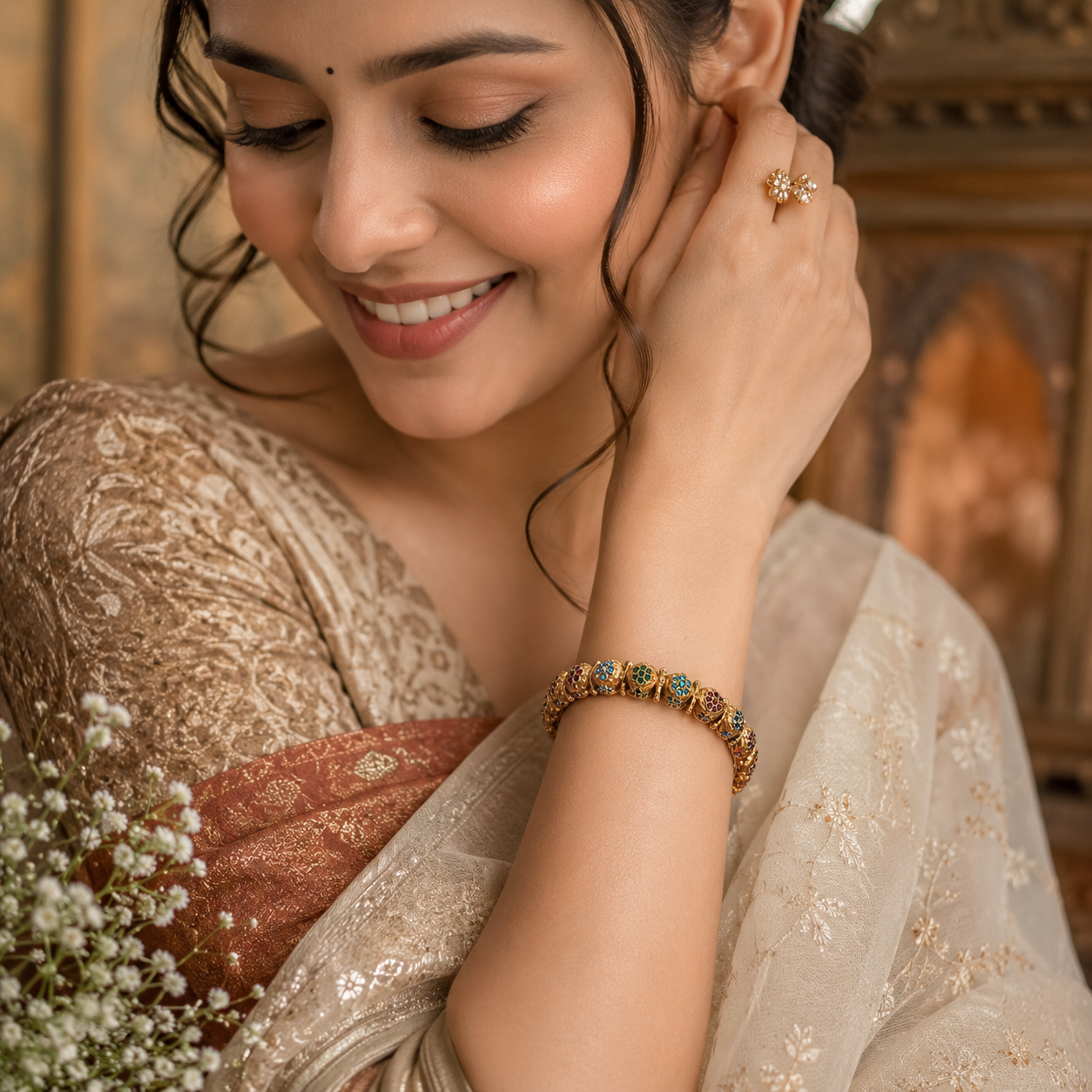 Luxury Gold-Plated Multicolour Traditional Kada Bangle – Handcrafted Ethnic Statement Bracelet for Women