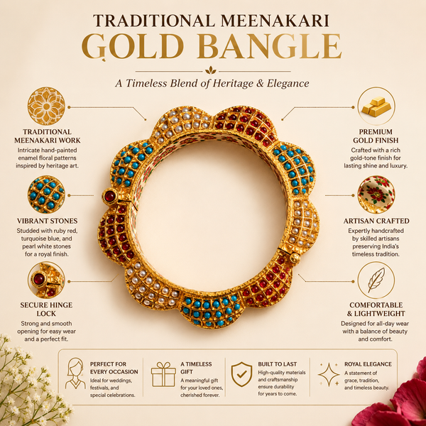 Luxury Gold-Plated Multicolour Floral Kada Bangle – Traditional Ethnic Bracelet with Pearl & Stone Design
