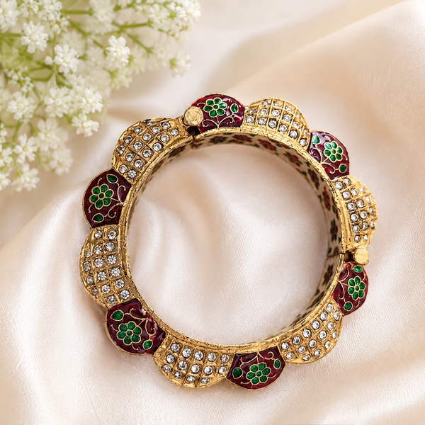 Luxury Gold-Plated Meenakari Scalloped Kada Bangle with Premium Stones – Traditional Handcrafted Bracelet for Women