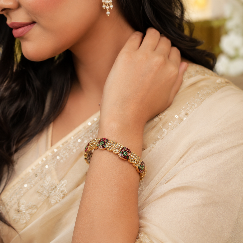 Luxury Gold-Plated Meenakari Scalloped Kada Bangle with Premium Stones – Traditional Handcrafted Bracelet for Women