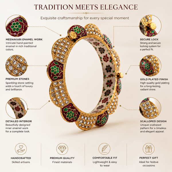 Luxury Gold-Plated Meenakari Scalloped Kada Bangle with Premium Stones – Traditional Handcrafted Bracelet for Women