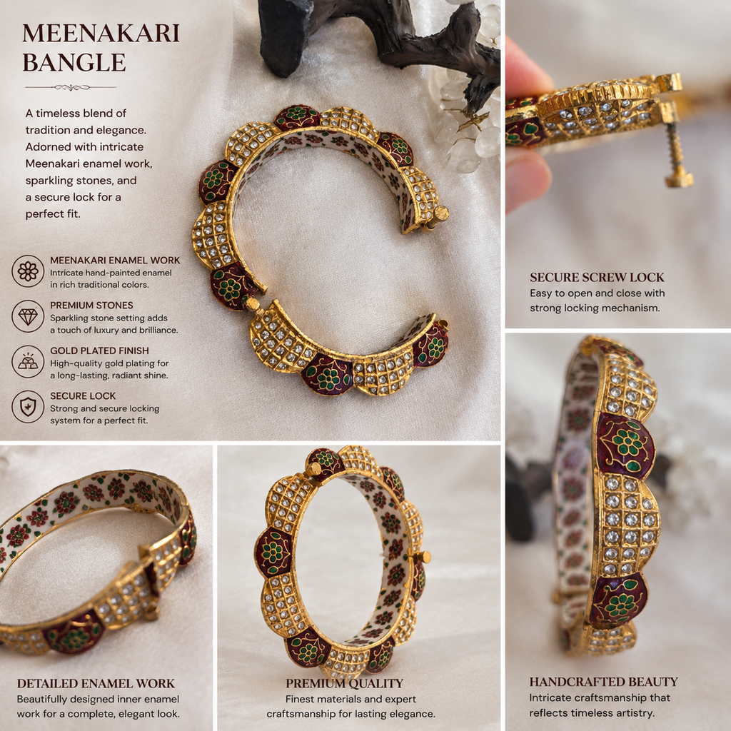 Luxury Gold-Plated Meenakari Scalloped Kada Bangle with Premium Stones – Traditional Handcrafted Bracelet for Women
