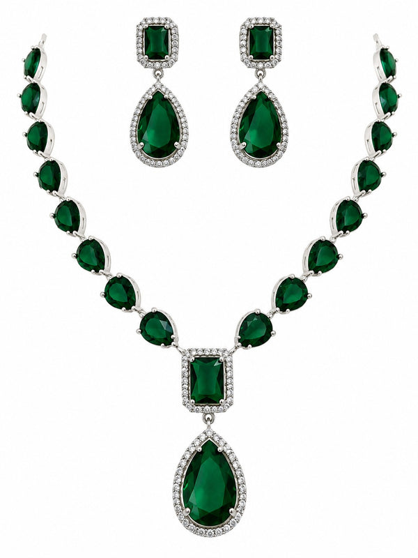 Luxury Emerald Green Crystal Necklace & Earrings Set – Silver-Plated Bridal Jewellery Set for Women