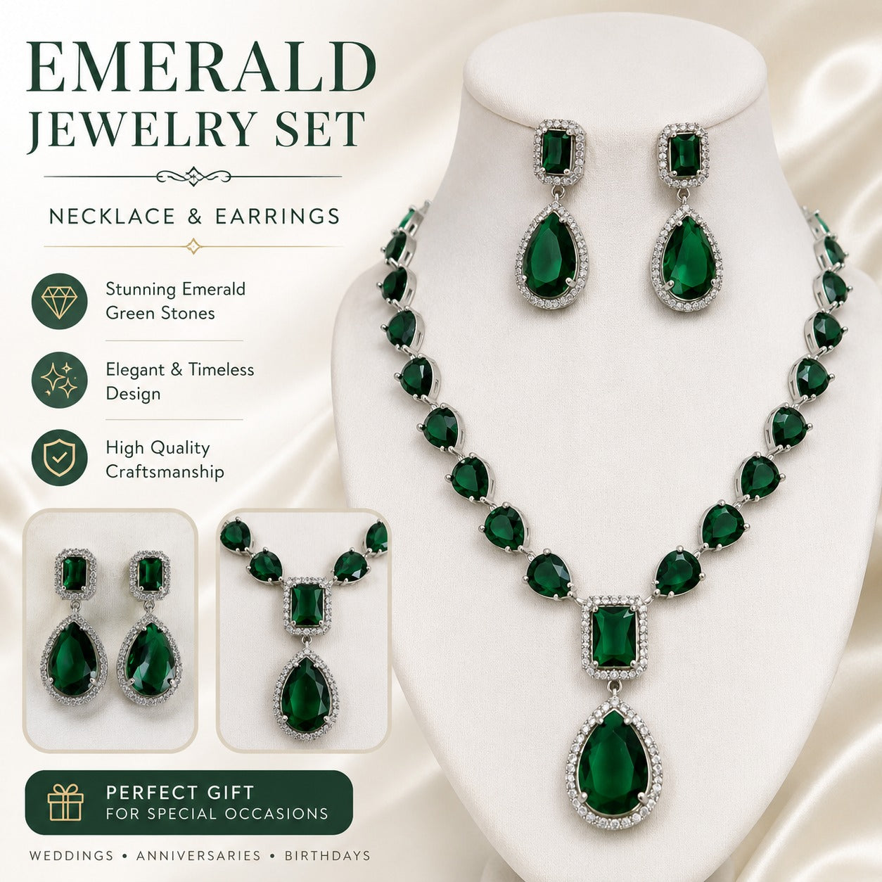 Luxury Crystal Necklace & Earrings Set – Emerald Green | Elegant Wedding & Party Jewellery Secondary image