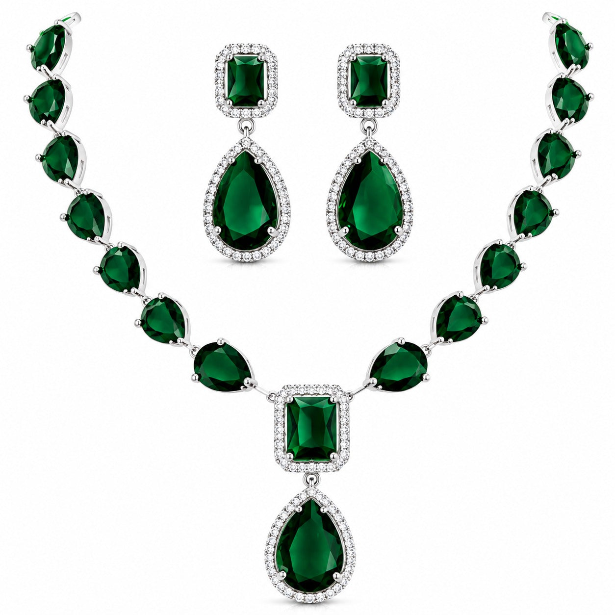 Luxury Crystal Necklace & Earrings Set – Emerald Green | Elegant Wedding & Party Jewellery Main image