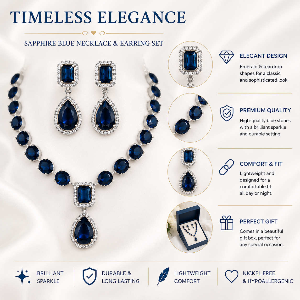 Luxury Crystal Necklace & Earrings Set – Sapphire Blue| Elegant Wedding & Party Jewellery Secondary image