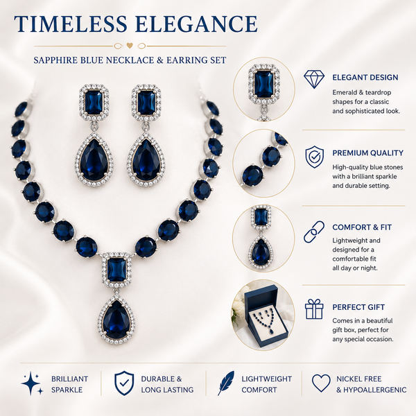 Nazee Jewels Luxury Crystal Necklace & Earrings Set – Sapphire Blue| Elegant Wedding & Party Jewellery