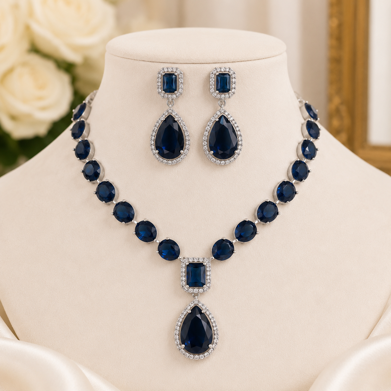 Nazee Jewels Luxury Crystal Necklace & Earrings Set – Sapphire Blue| Elegant Wedding & Party Jewellery Main image