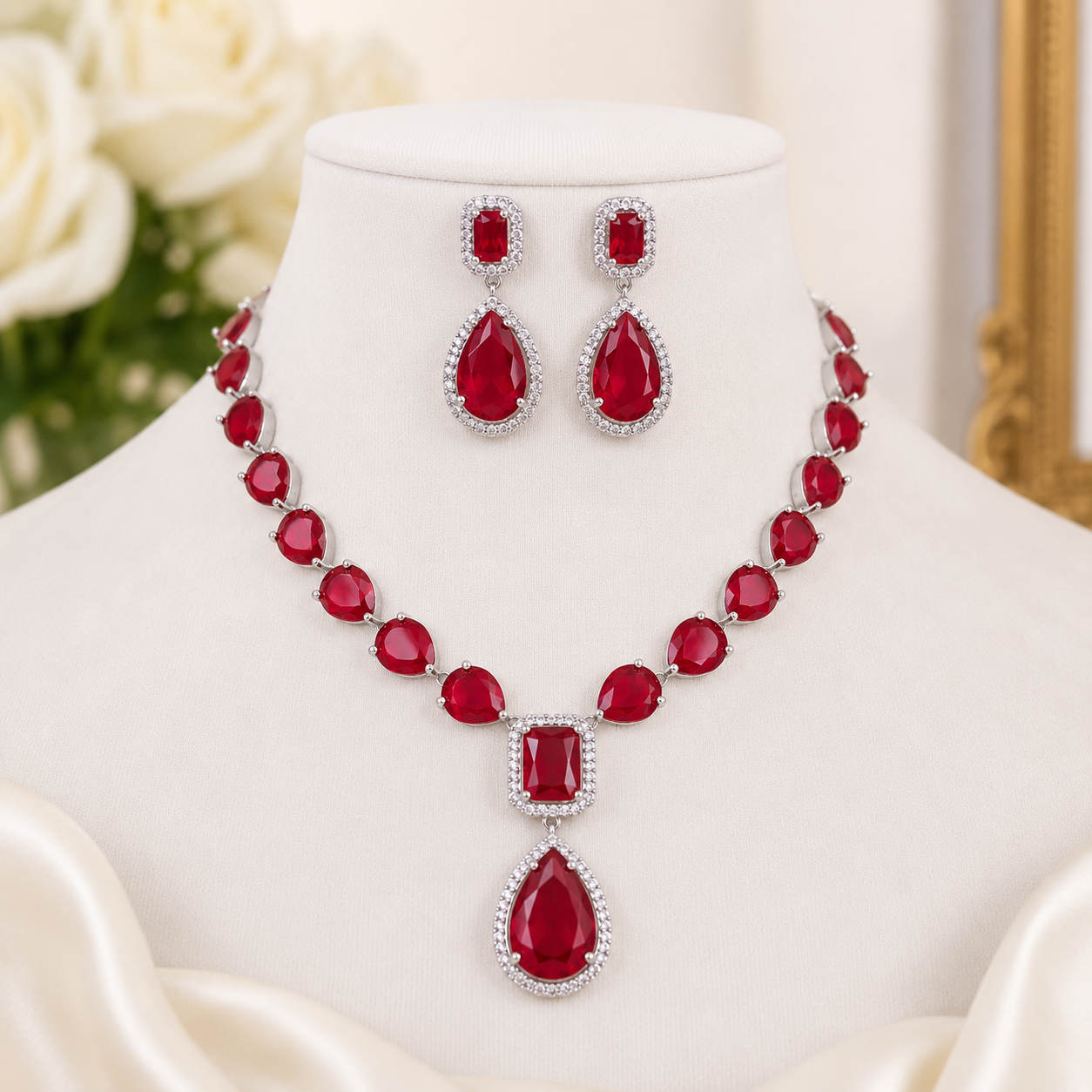 Nazee Jewels Luxury Crystal Necklace & Earrings Set – Ruby Red | Elegant Wedding & Party Jewellery Main image
