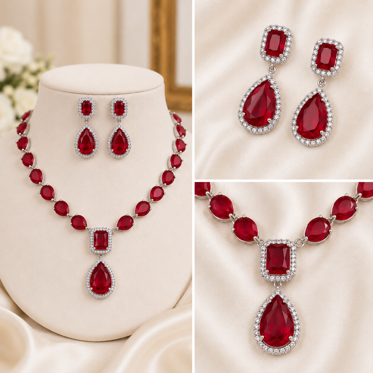 Luxury Crystal Necklace & Earrings Set – Ruby Red | Elegant Wedding & Party Jewellery Secondary image