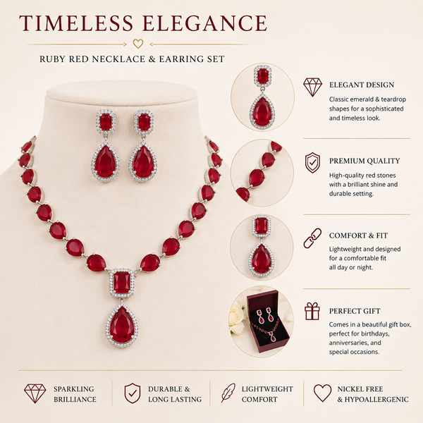 Nazee Jewels Luxury Crystal Necklace & Earrings Set – Ruby Red | Elegant Wedding & Party Jewellery