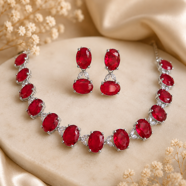 Nazee Jewels Luxury Crystal Necklace & Earrings Set – Ruby Red | Elegant Wedding & Party Jewellery
