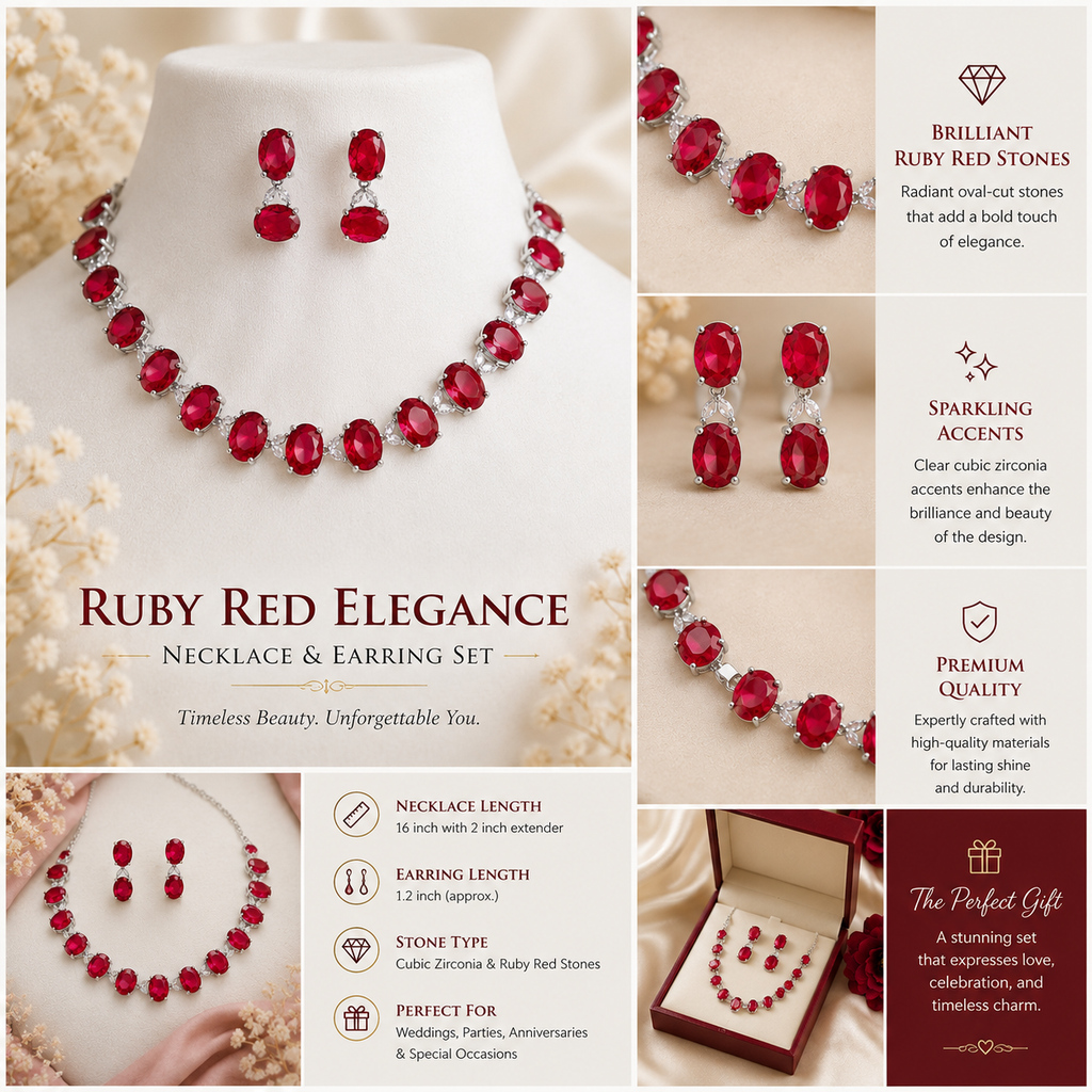 Nazee Jewels Luxury Crystal Necklace & Earrings Set – Ruby Red | Elegant Wedding & Party Jewellery