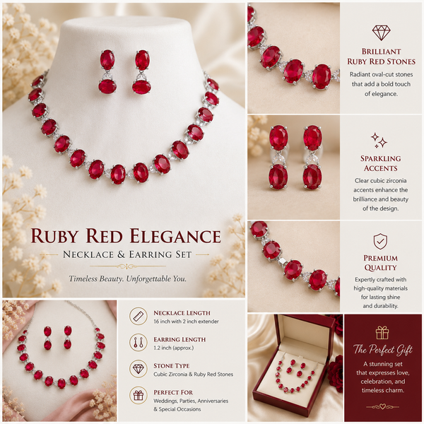 Nazee Jewels Luxury Crystal Necklace & Earrings Set – Ruby Red | Elegant Wedding & Party Jewellery