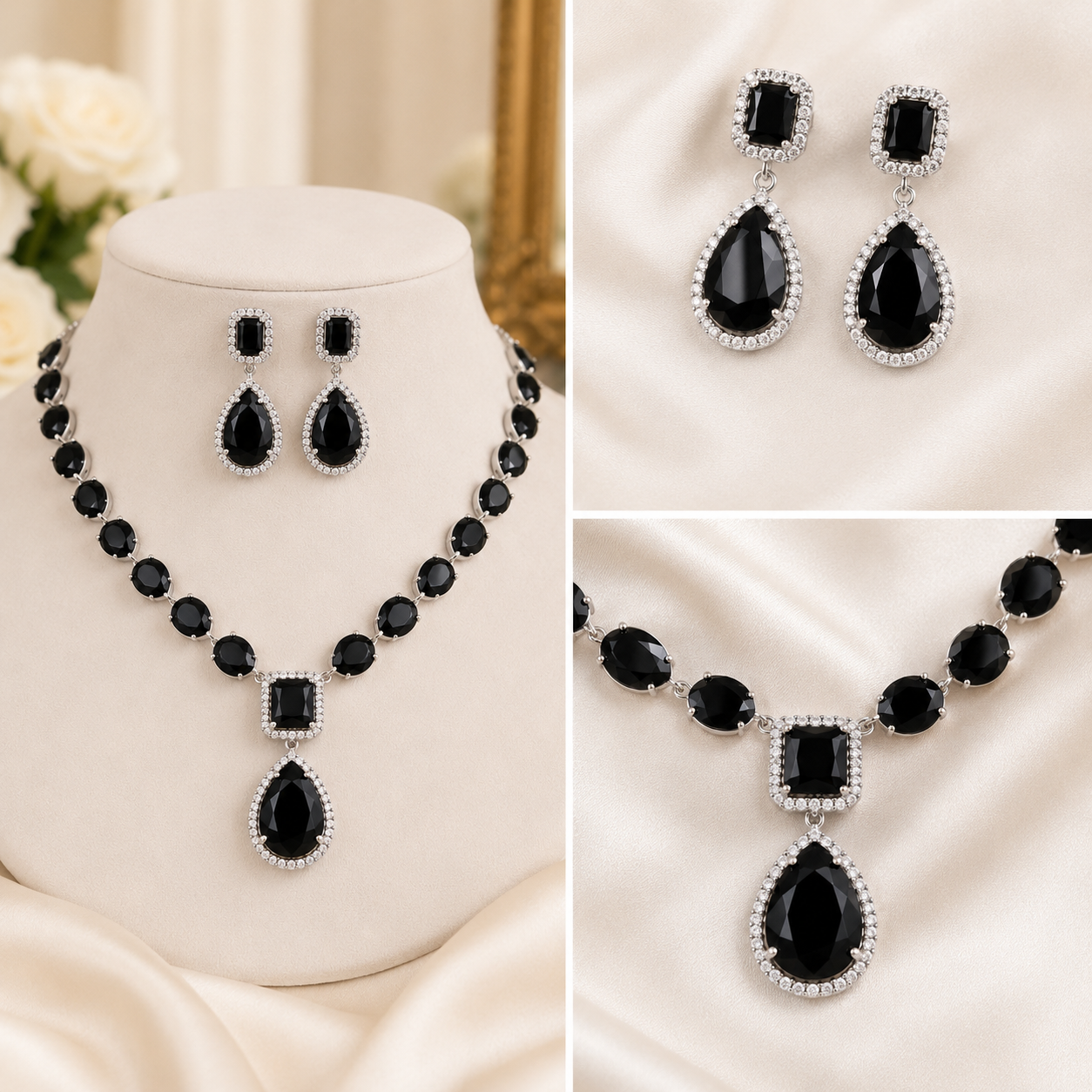 Nazee Jewels Luxury Crystal Necklace & Earrings Set – Black Crystal | Elegant Wedding & Party Jewellery