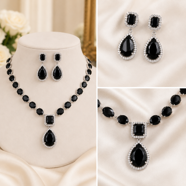 Nazee Jewels Luxury Crystal Necklace & Earrings Set – Black Crystal | Elegant Wedding & Party Jewellery