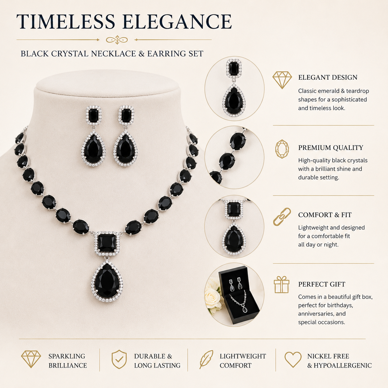 Nazee Jewels Luxury Crystal Necklace & Earrings Set – Black Crystal | Elegant Wedding & Party Jewellery
