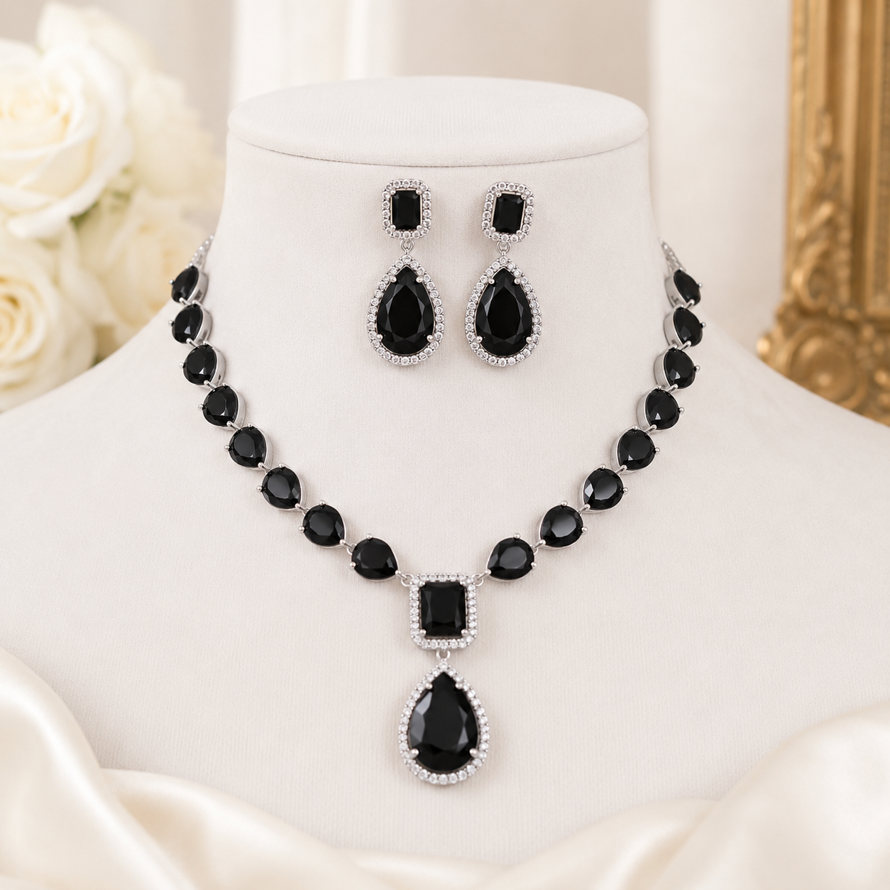 Nazee Jewels Luxury Crystal Necklace & Earrings Set – Black Crystal | Elegant Wedding & Party Jewellery Main image