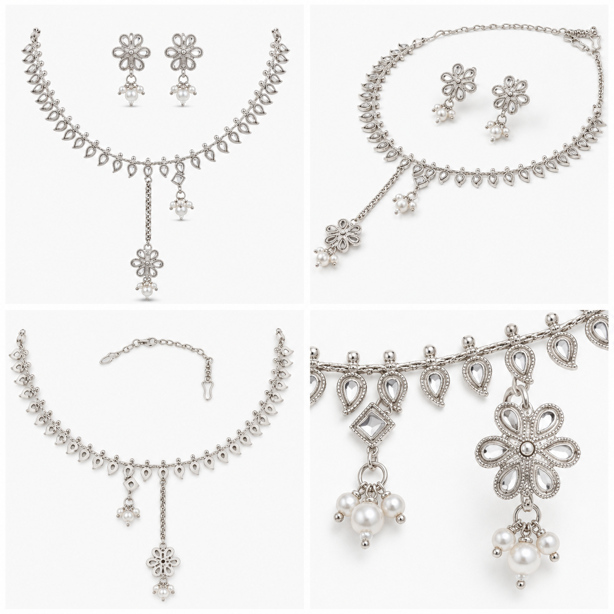 Floral Crystal Bridal Silver Necklace & Earrings Set Secondary image
