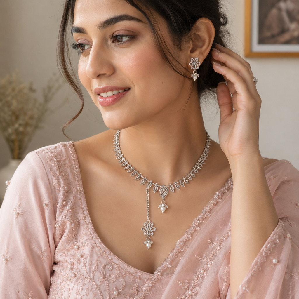 Floral Crystal Necklace Set, Gold Necklace Set, Silver Necklace Set, Crystal Jewellery Set, Bridal Jewellery, Wedding Jewellery, Elegant Necklace Set, Pearl Drop Earrings, Evening Jewellery, Bridesmaid Jewellery, Party Jewellery, Women's Jewellery Gift, Gold Plated Jewellery, Silver Plated Jewellery, Floral Jewellery, Bridal Necklace


