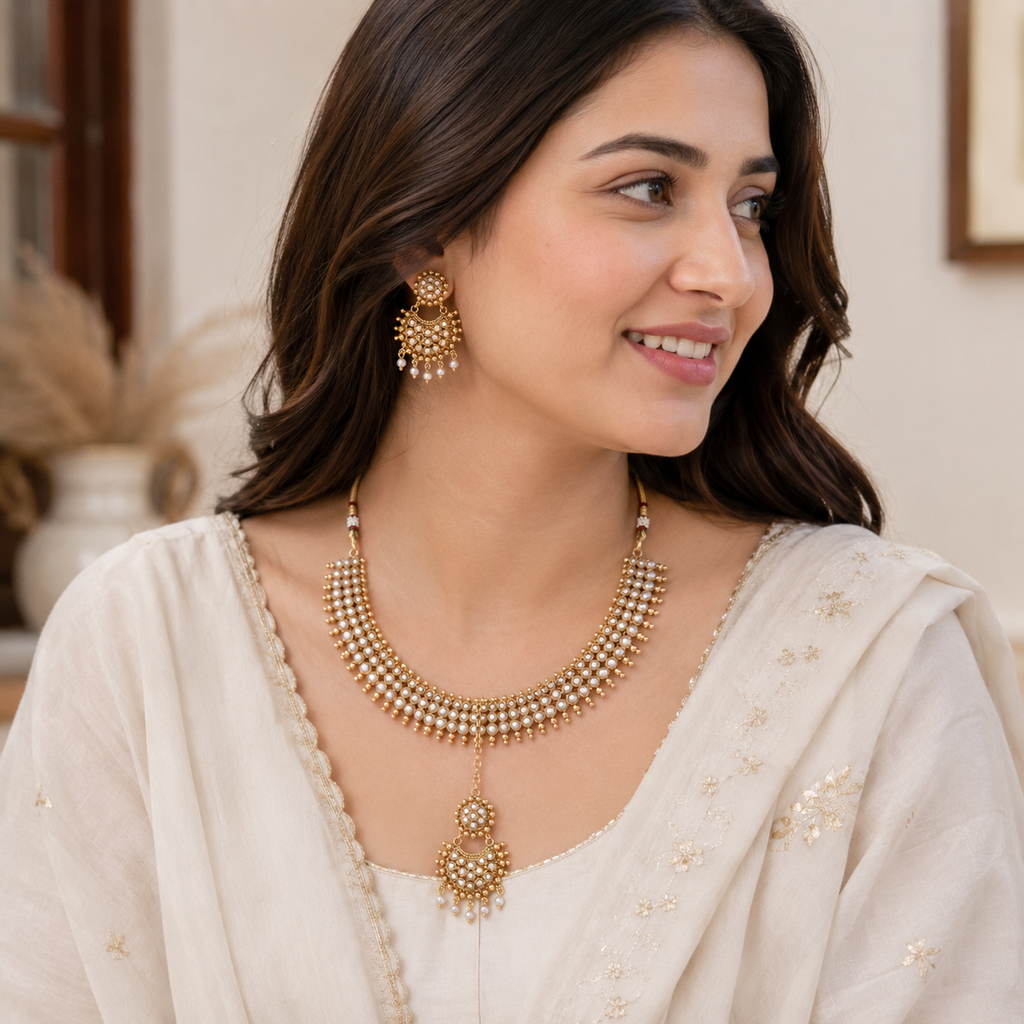 Indian Pearl Necklace Set, Pakistani Wedding Jewellery, Gold Pearl Necklace, Bridal Jewellery Set, Traditional Necklace Set, Ethnic Jewellery, Pearl Studded Necklace, Wedding Jewellery, Festival Jewellery, Women's Jewellery Gift, Gold Tone Jewellery, Bridal Necklace, Pearl Set, Indian Bridal Jewellery, Pakistani Bridal Jewellery, Party Jewellery

