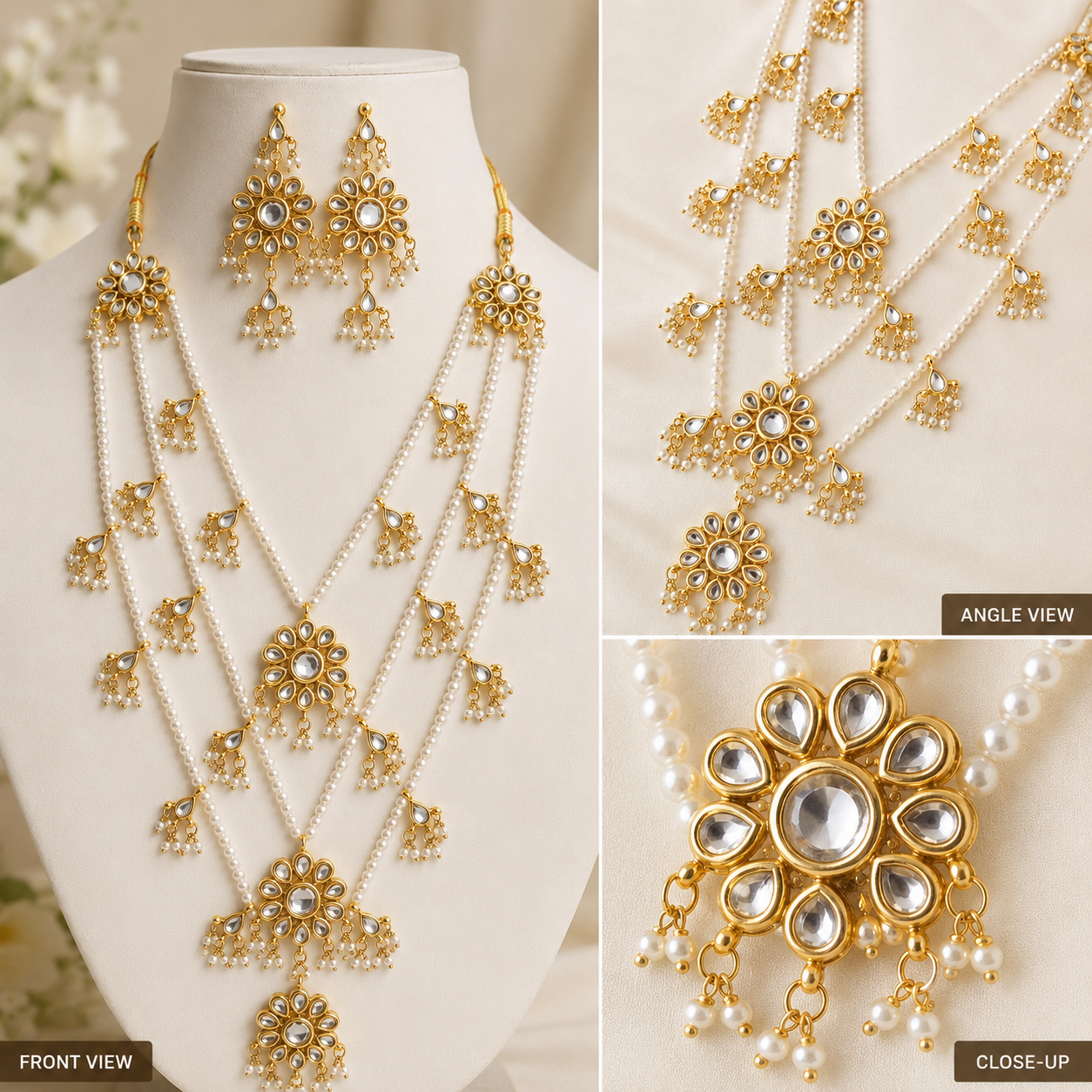 Gold Plated Pearl Layered Bridal Necklace Set with Earrings Secondary image