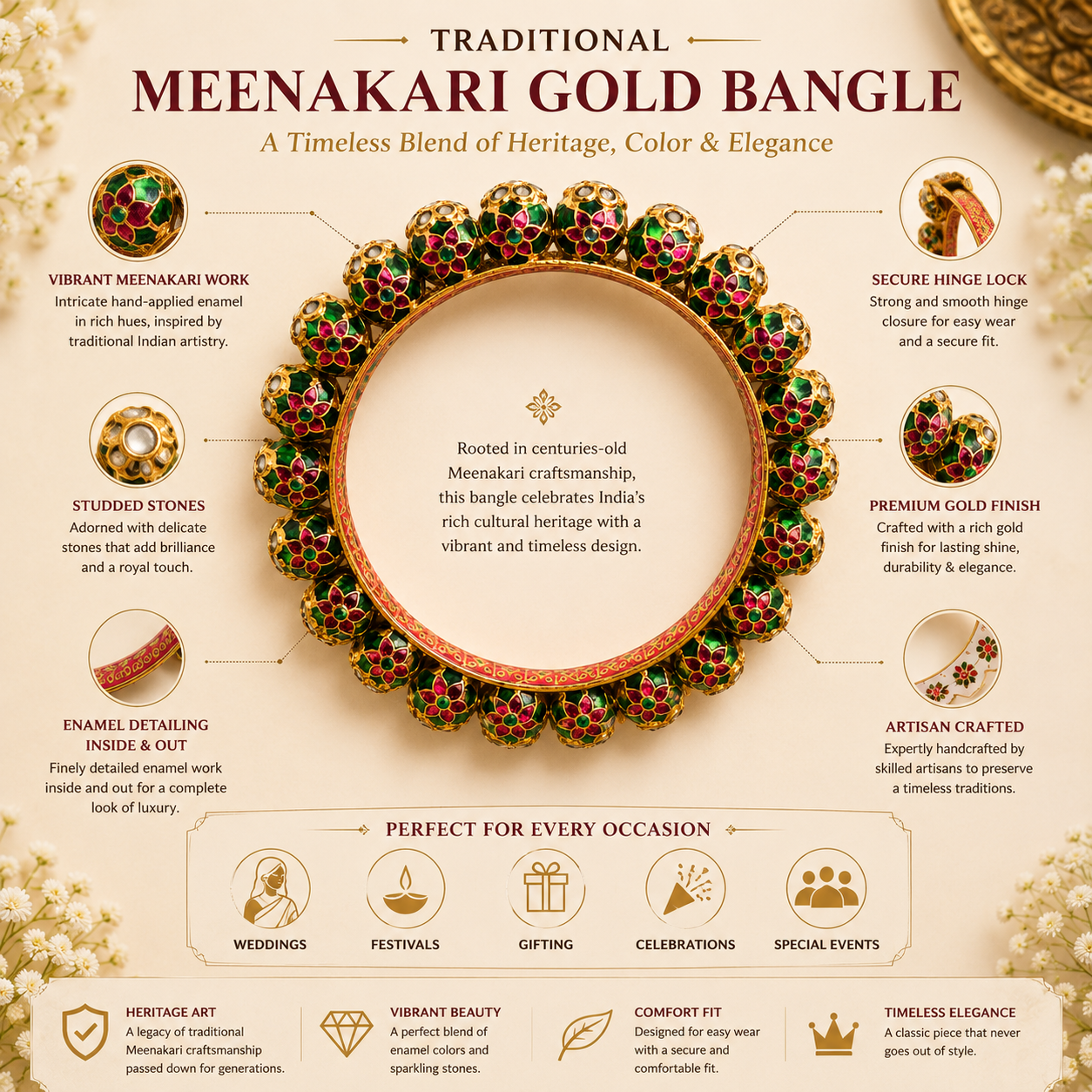 Handcrafted Meenakari Gold Bangle with Green & Ruby Stones  Traditional Wedding Jewellery Secondary image