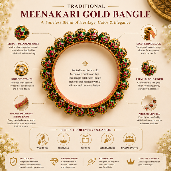 Handcrafted Meenakari Gold Bangle with Green & Ruby Stones  Traditional Wedding Meenakari Gold Bangle, Traditional Indian Bangle, Pakistani Jewellery, Bridal Bangle, Wedding Jewellery, Gold Tone Bangle, Handcrafted Meenakari Jewellery, Ethnic Bracelet, Festival Jewellery, Green Stone Bangle, Indian Bridal Jewellery, Luxury Bangle, Traditional Gold Bracelet, Heritage JewelleryJewellery