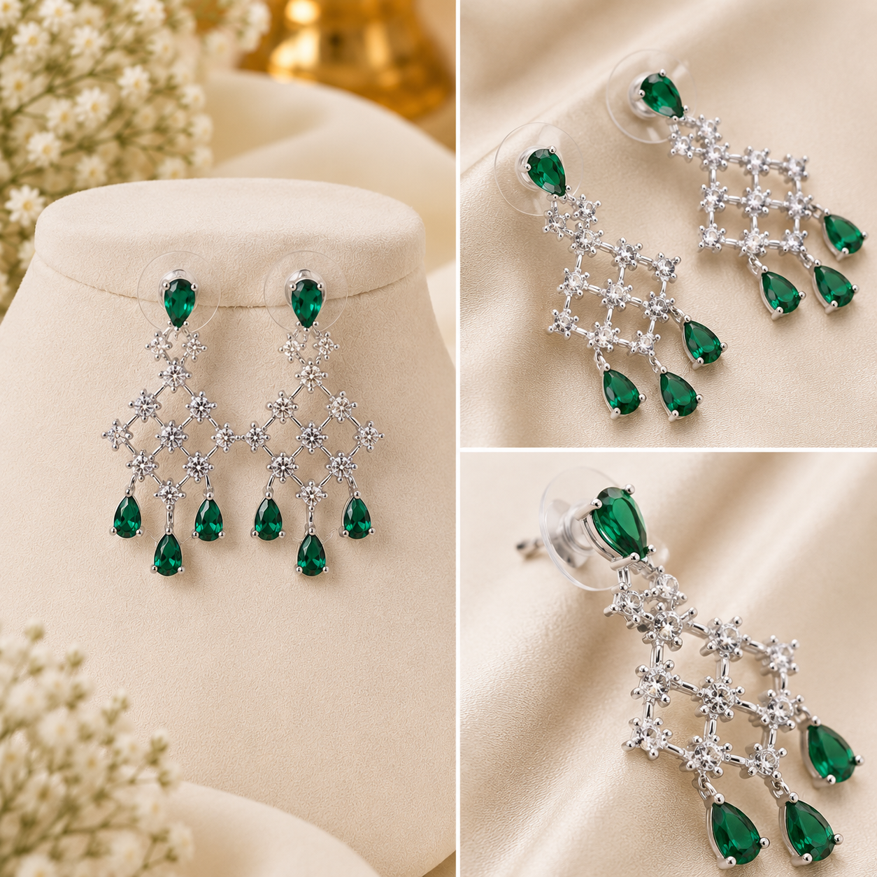 Luxury Cubic Zirconia Choker Emerald Green Necklace & Earrings Set – Rhodium Plated Bridal, Wedding & Evening Jewellery Secondary image