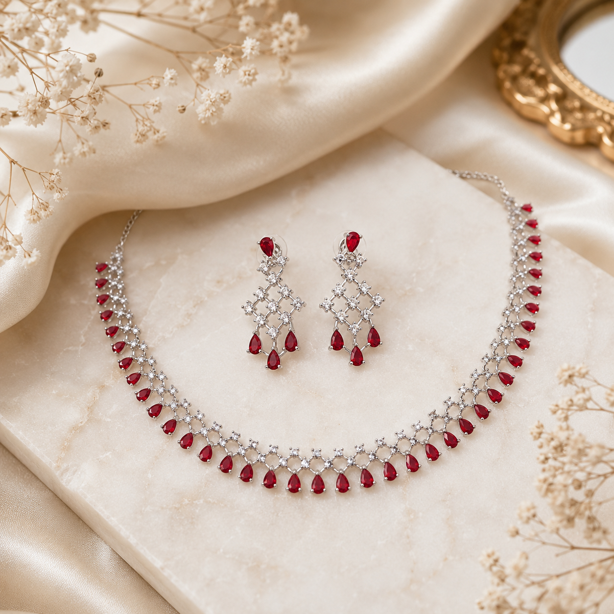 Luxury Cubic Zirconia Choker Ruby Red Necklace & Earrings Set – Rhodium Plated Bridal, Wedding & Evening Jewellery Secondary image