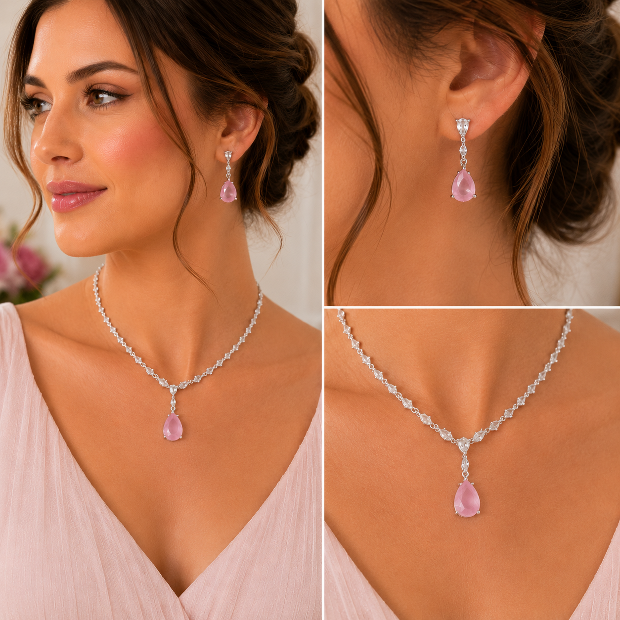 Luxury Cubic Zirconia Teardrop Blush Pink Necklace & Earrings Set – Rhodium Plated Wedding, Bridal & Evening Jewellery Secondary image