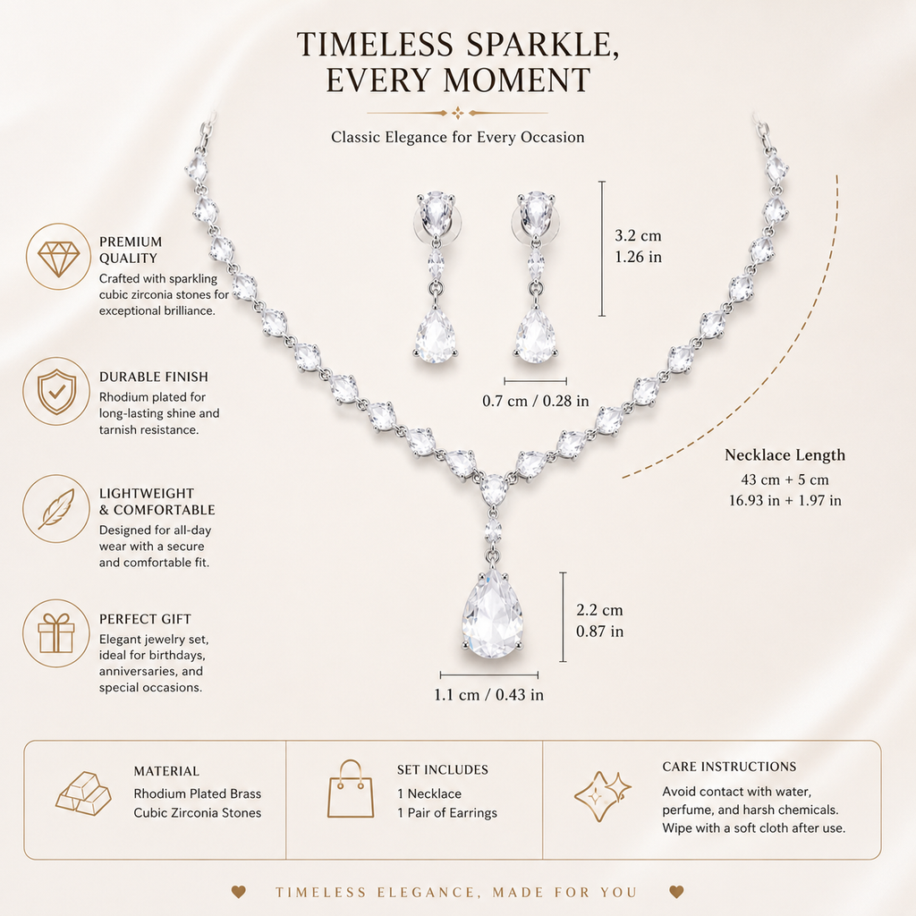 Cubic Zirconia Necklace Set
Necklace and Earrings Set
Rhodium Plated Jewellery
Bridal Jewellery
Wedding Jewellery
Crystal Necklace Set
Teardrop Necklace
Evening Jewellery
Bridesmaid Jewellery
Women's Jewellery Gift 
Formal Jewellery
Luxury Jewellery Set 
Statement Necklace
