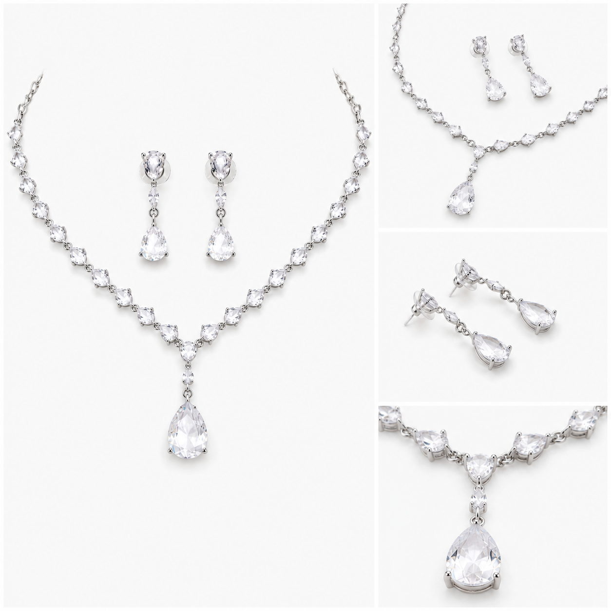 Luxury Cubic Zirconia Teardrop Clear Crystal Necklace & Earrings Set – Rhodium Plated Wedding, Bridal & Evening Jewellery Secondary image