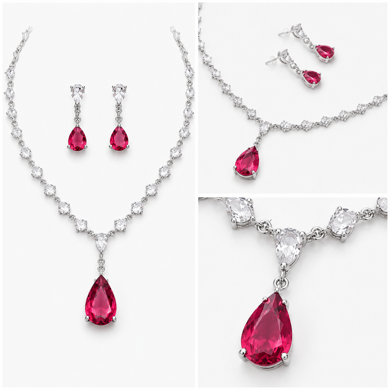Luxury Cubic Zirconia Teardrop Dark Pink Necklace & Earrings Set – Rhodium Plated Wedding, Bridal & Evening Jewellery Secondary image