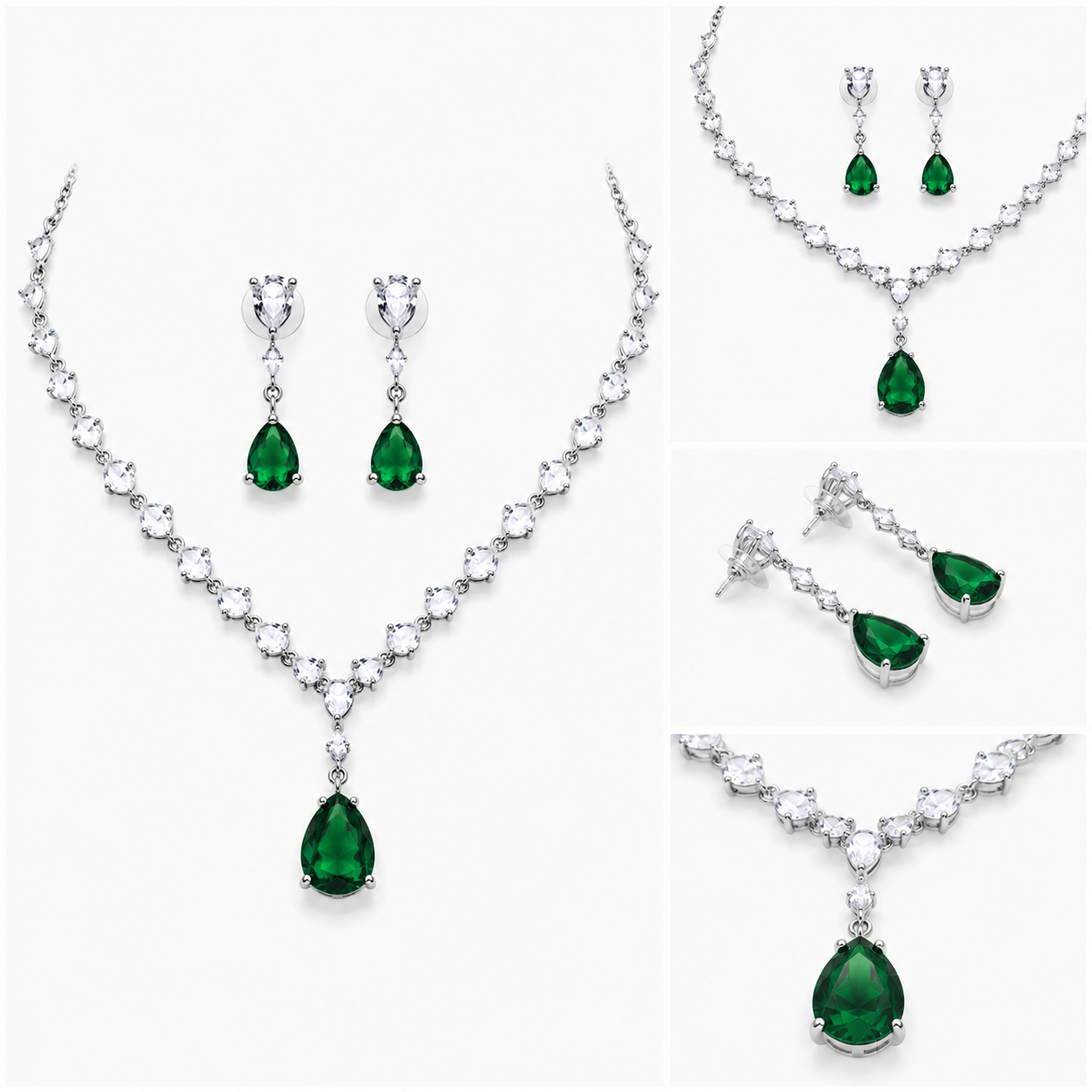 Luxury Cubic Zirconia Teardrop Emerald Green Necklace & Earrings Set – Rhodium Plated Wedding, Bridal & Evening Jewellery Secondary image