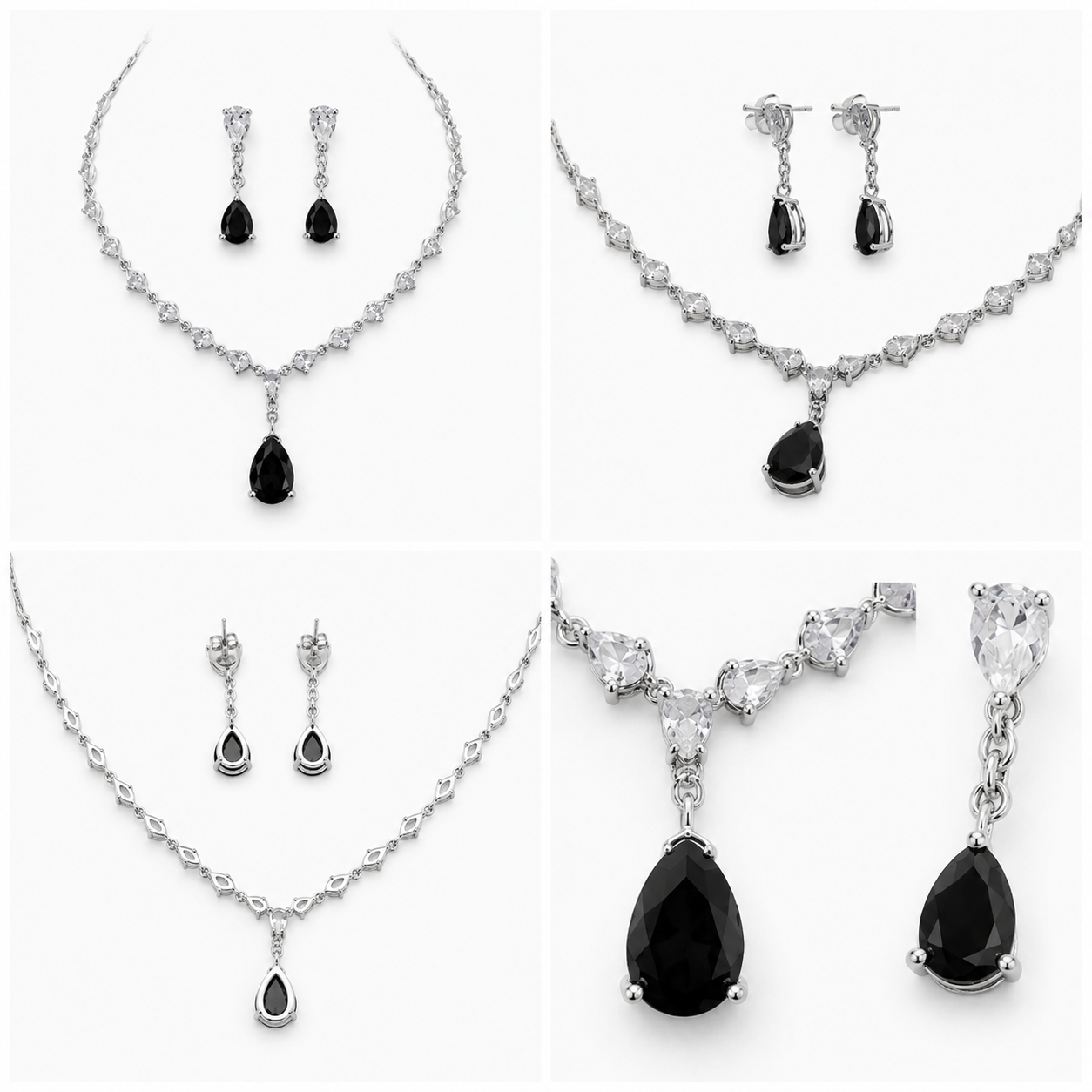 Luxury Cubic Zirconia Teardrop Jet Black Necklace & Earrings Set – Rhodium Plated Wedding, Bridal & Evening Jewellery Secondary image