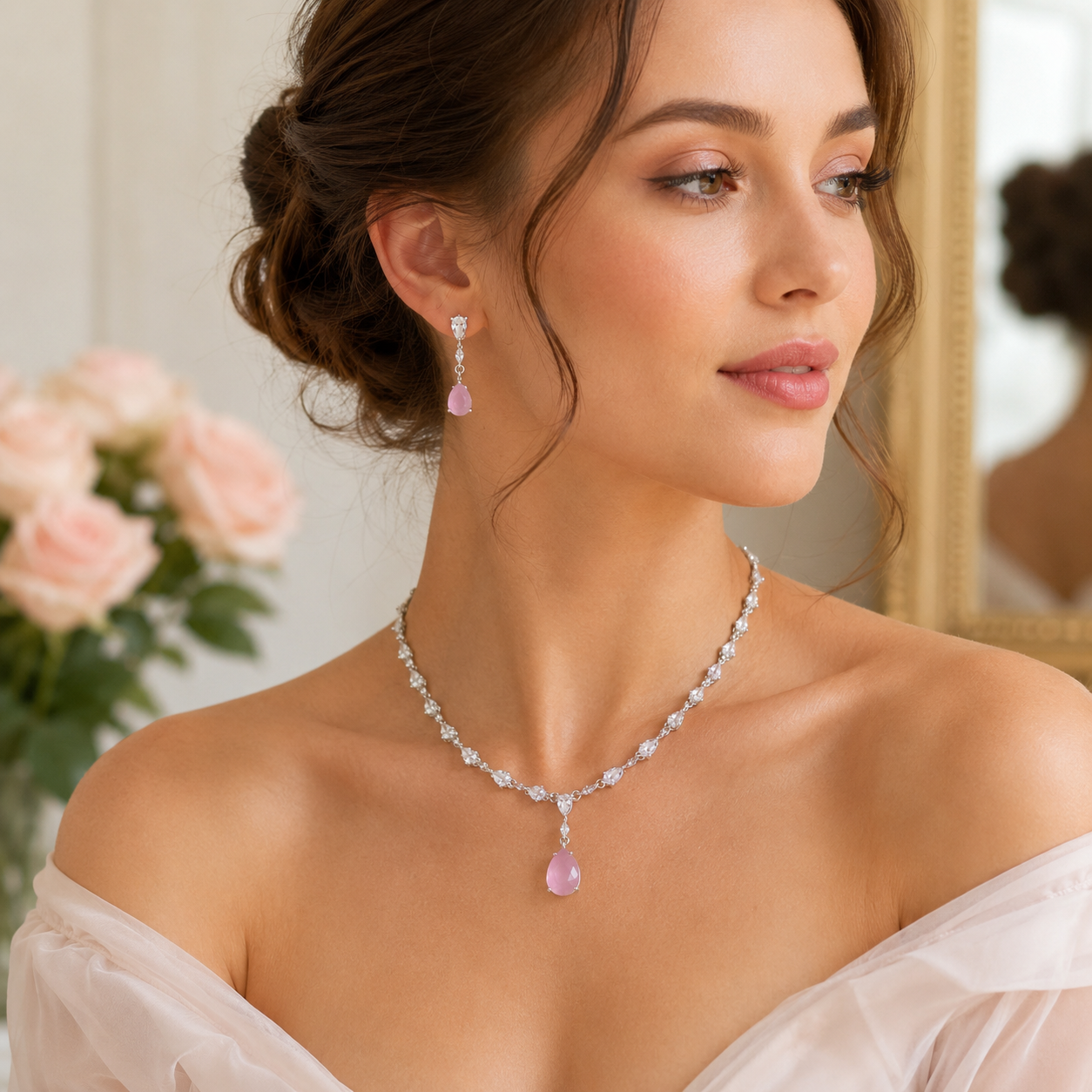 Cubic Zirconia Necklace Set, Necklace and Earrings Set, Rhodium Plated Jewellery, Bridal Jewellery, Wedding Jewellery, Crystal Necklace Set, Teardrop Necklace, Evening Jewellery, Bridesmaid Jewellery, Women's Jewellery Gift, Formal Jewellery, Luxury Jewellery Set, Statement Necklace.