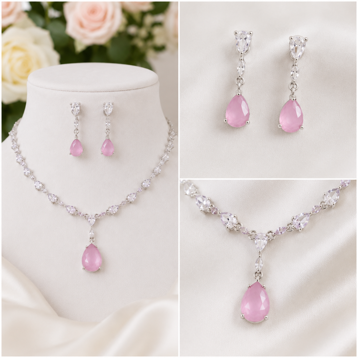 Luxury Cubic Zirconia Teardrop Baby Pink Necklace & Earrings Set – Rhodium Plated Wedding, Bridal & Evening Jewellery Secondary image