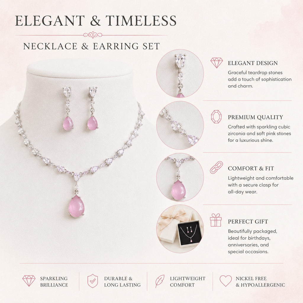 Cubic Zirconia Necklace Set, Necklace and Earrings Set, Rhodium Plated Jewellery, Bridal Jewellery, Wedding Jewellery, Crystal Necklace Set, Teardrop Necklace, Evening Jewellery, Bridesmaid Jewellery, Women's Jewellery Gift, Formal Jewellery, Luxury Jewellery Set, Statement Necklace.