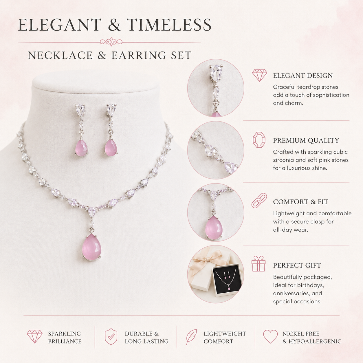 Cubic Zirconia Necklace Set, Necklace and Earrings Set, Rhodium Plated Jewellery, Bridal Jewellery, Wedding Jewellery, Crystal Necklace Set, Teardrop Necklace, Evening Jewellery, Bridesmaid Jewellery, Women's Jewellery Gift, Formal Jewellery, Luxury Jewellery Set, Statement Necklace.