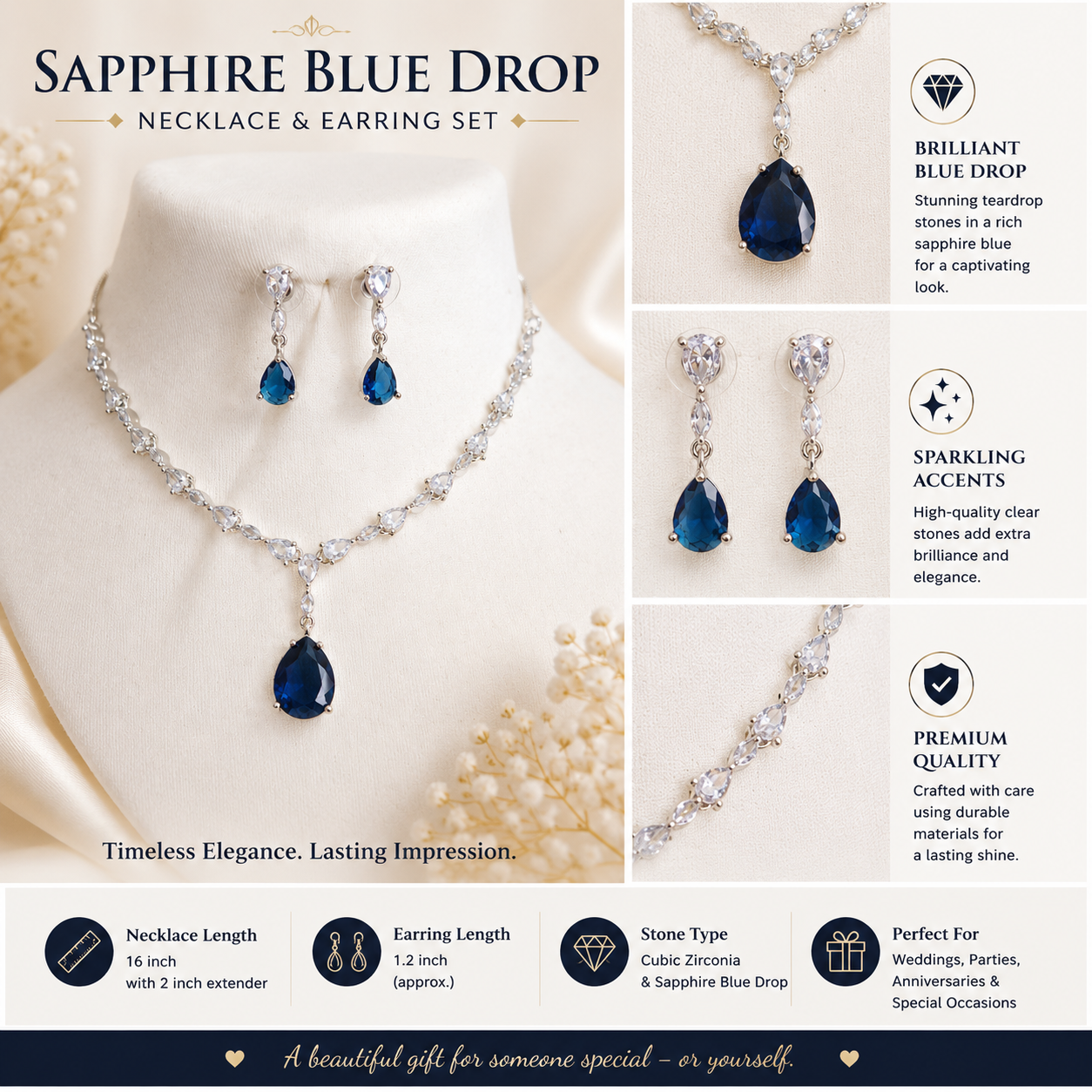 Luxury Cubic Zirconia Teardrop Sapphire Blue Necklace & Earrings Set – Rhodium Plated Wedding, Bridal & Evening Jewellery Secondary image