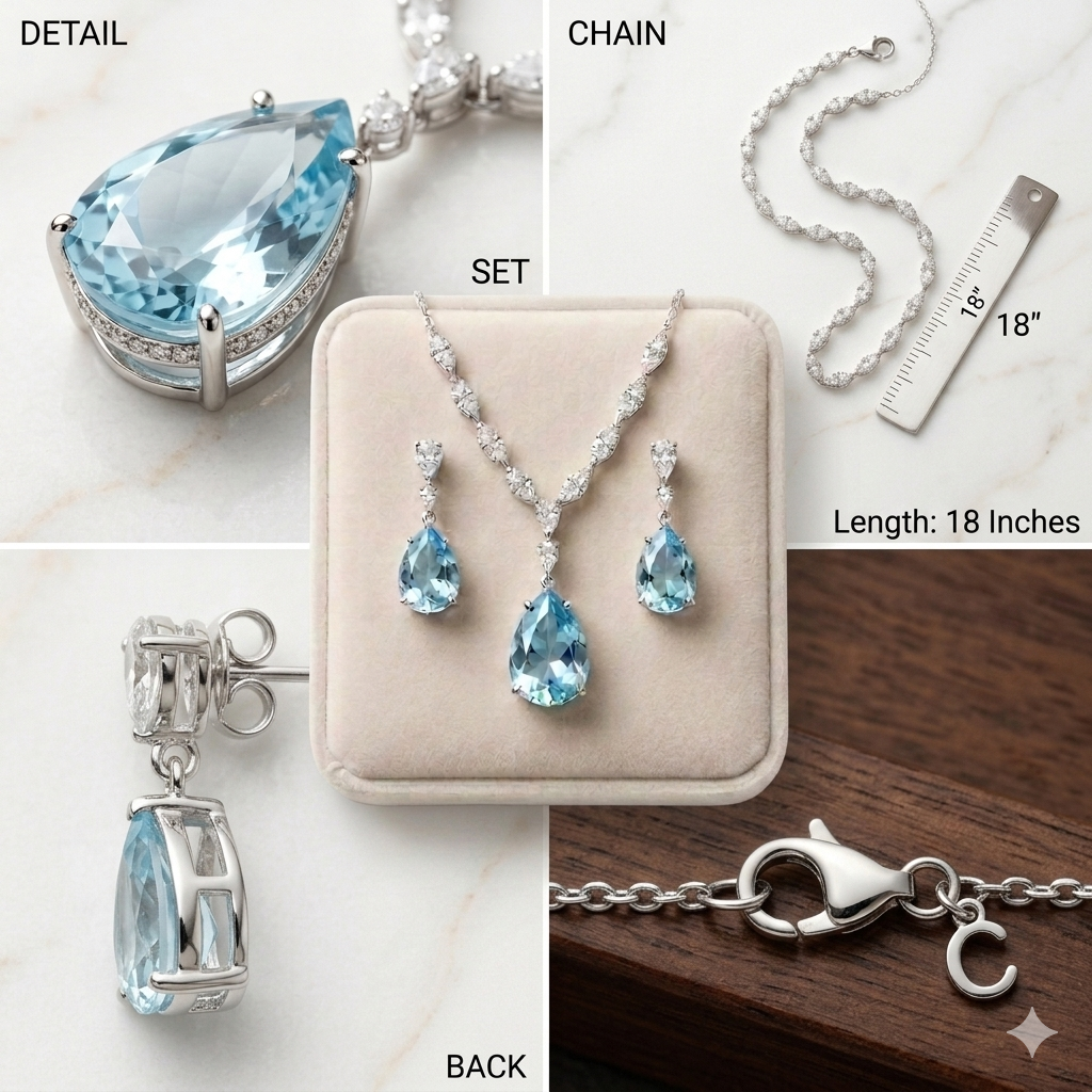 Luxury Cubic Zirconia Teardrop Sky Blue Necklace & Earrings Set – Rhodium Plated Wedding, Bridal & Evening Jewellery Secondary image